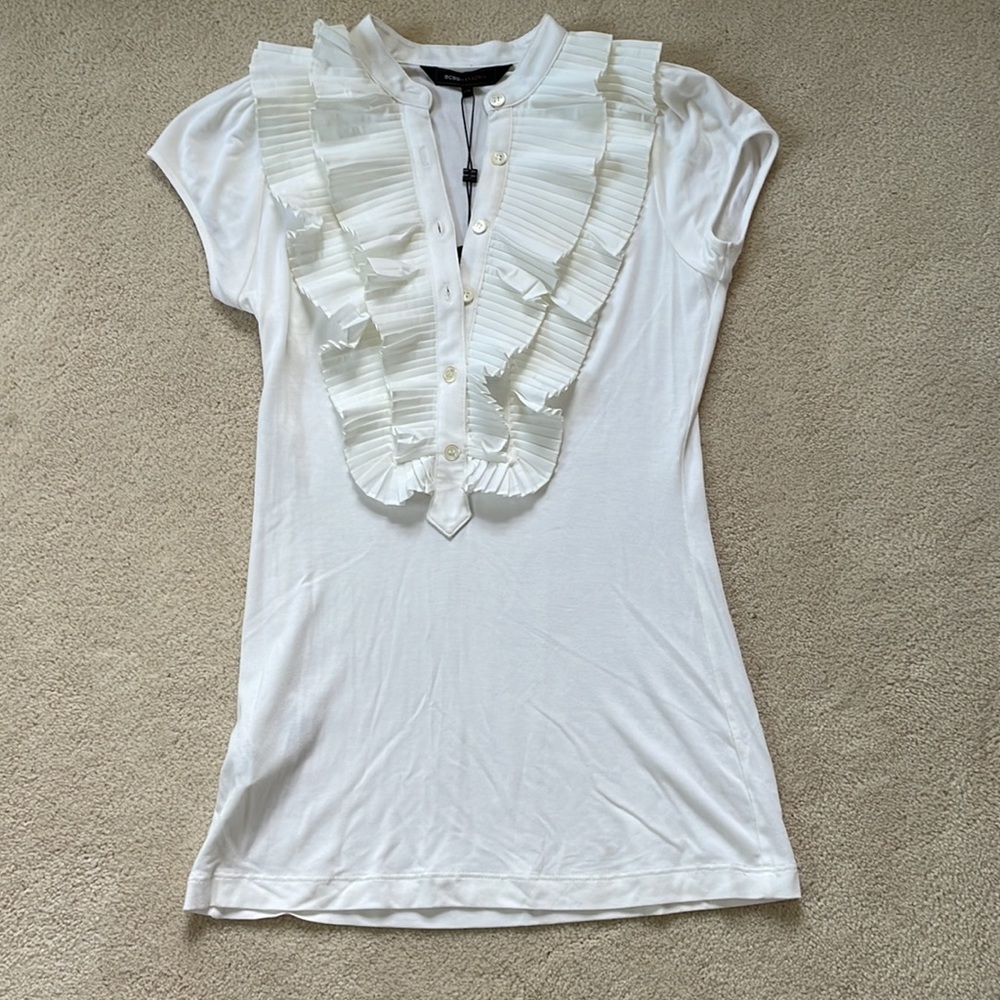BCBG MaxAzria NWT White Short Sleeve Shirt with Ruffle Detail